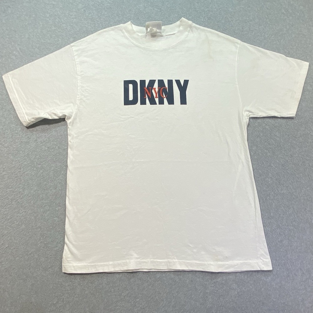 VTG DKNY Jeans NYC Casual White T-Shirt One Size Fits All Distressed Made In USA